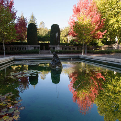 Bealieu Garden's Sunken Garden European pool and fountain in autumn